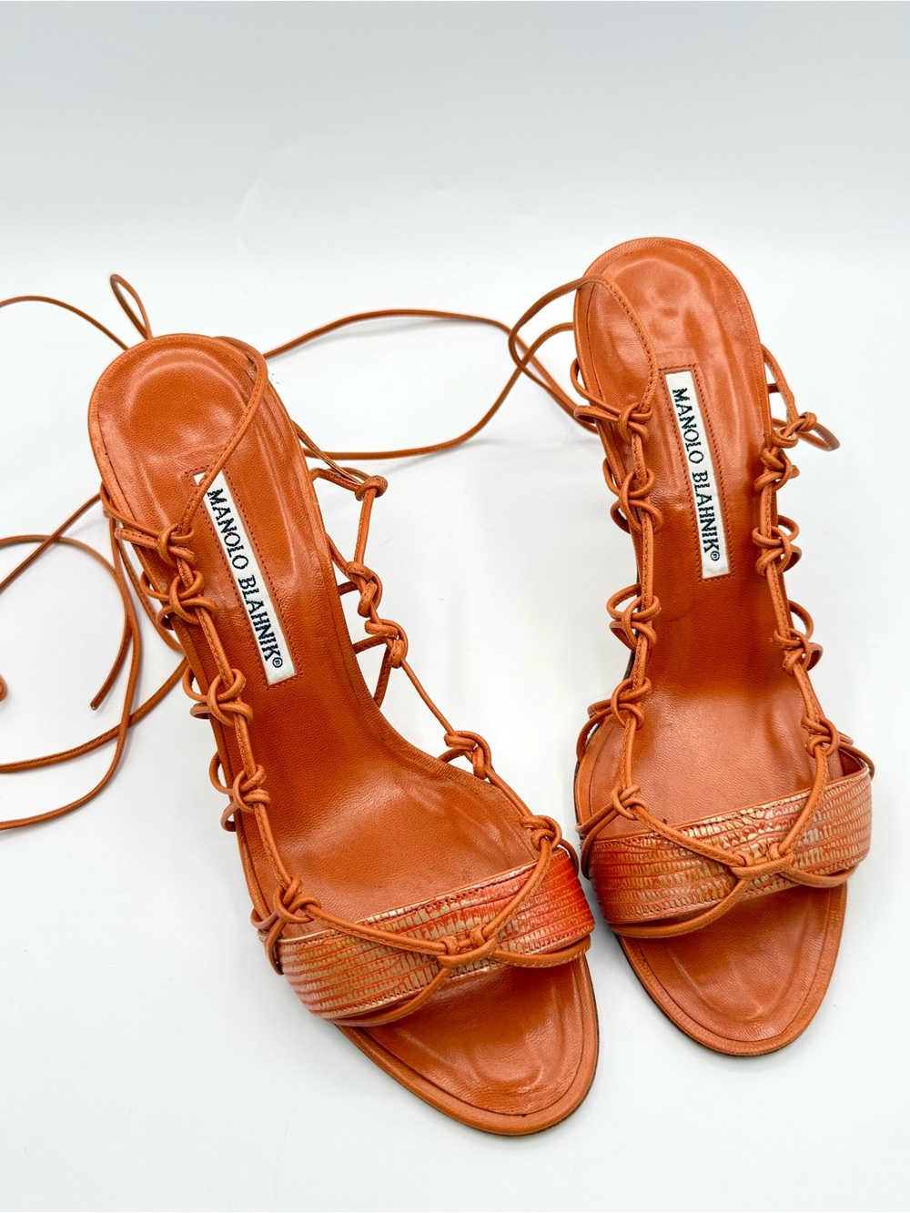 Manolo Blahnik orange knotted, strappy heel sandals, size 38 - Picture 6 of 7